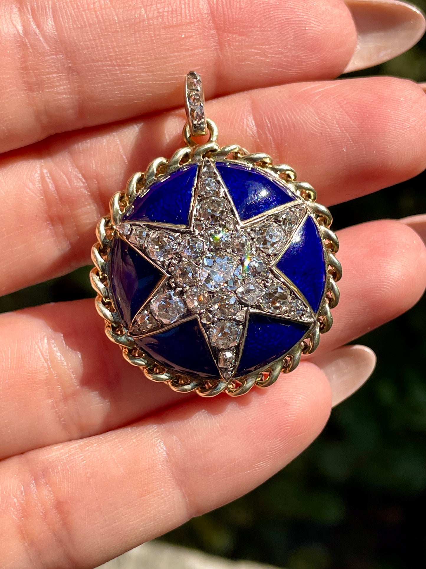 Antique yellow 14K approx over 4 ctw old mine cut and rose cut diamond blue enamel star statement pendant