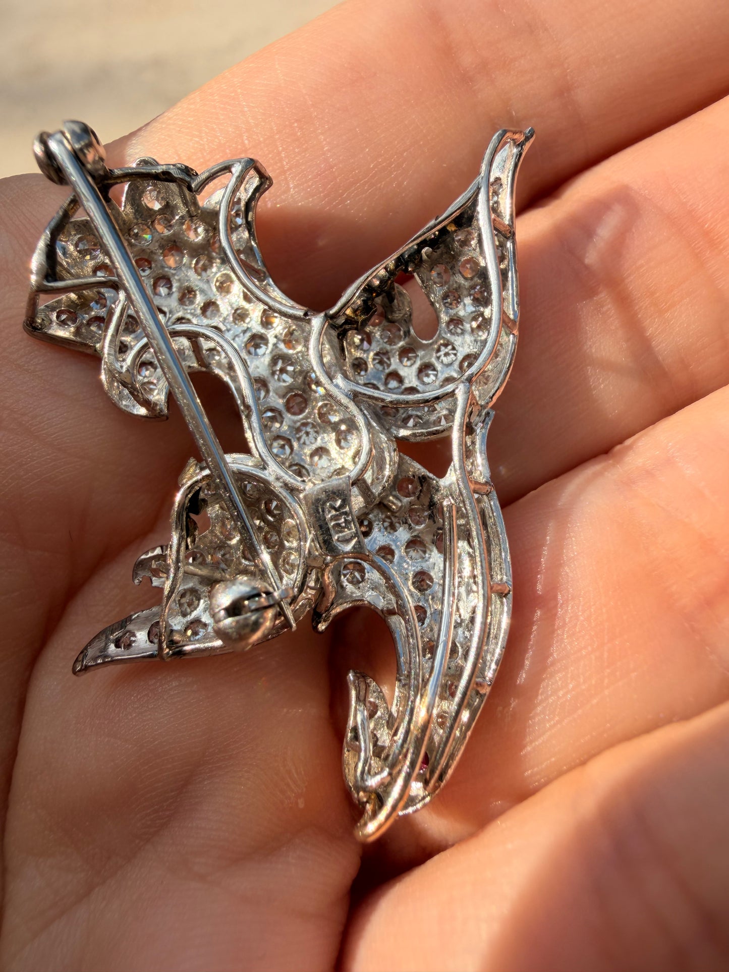 Vintage white 14K gold approx 1.6 ctw diamond and ruby bird brooch with pendant hook