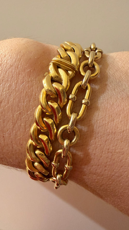 Vintage yellow and white 18K mixed oval link bracelet with ball details, 7.5 inch