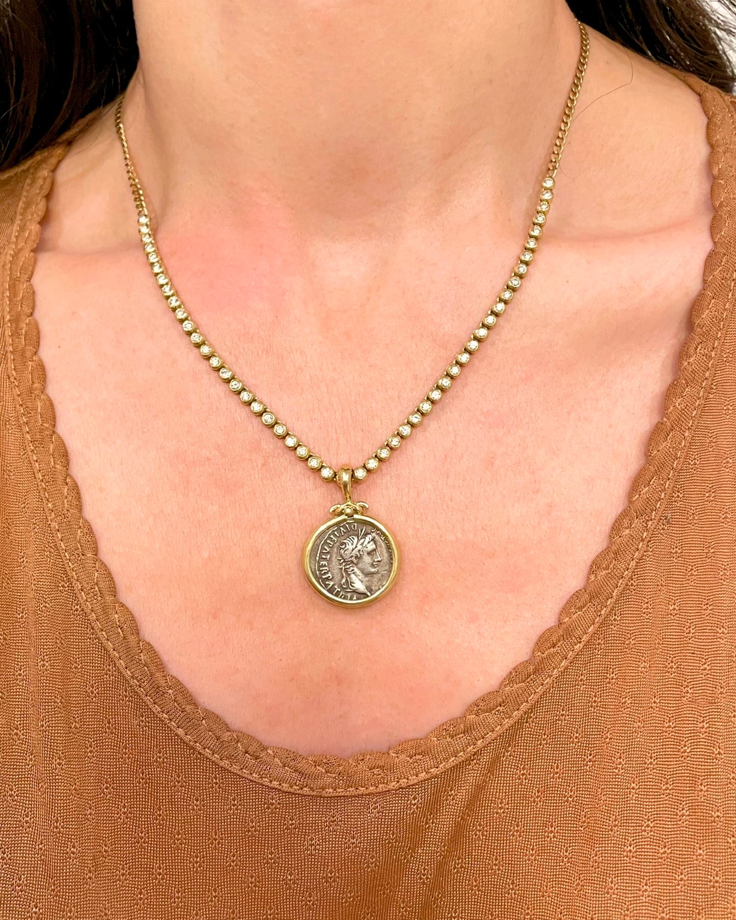 Estate yellow 18K bezel set authentic ancient Roman silver coin pendant