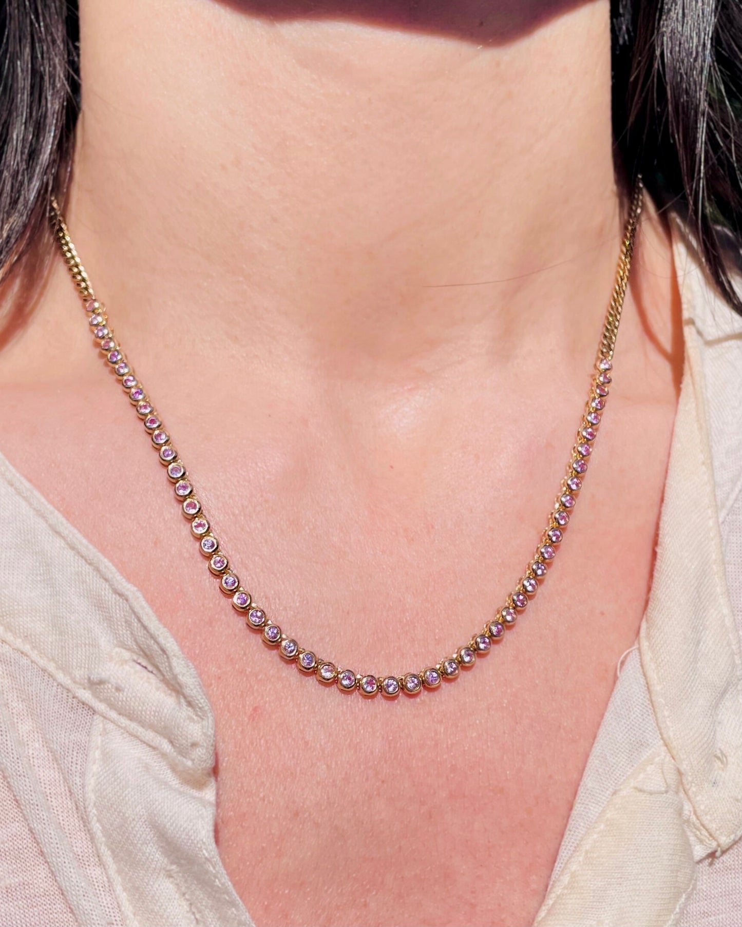 Original 3GOG yellow 14K gold approx 2 ctw purple sapphire bubble watch chain necklace, 19 inch long with 18 inch clasping option