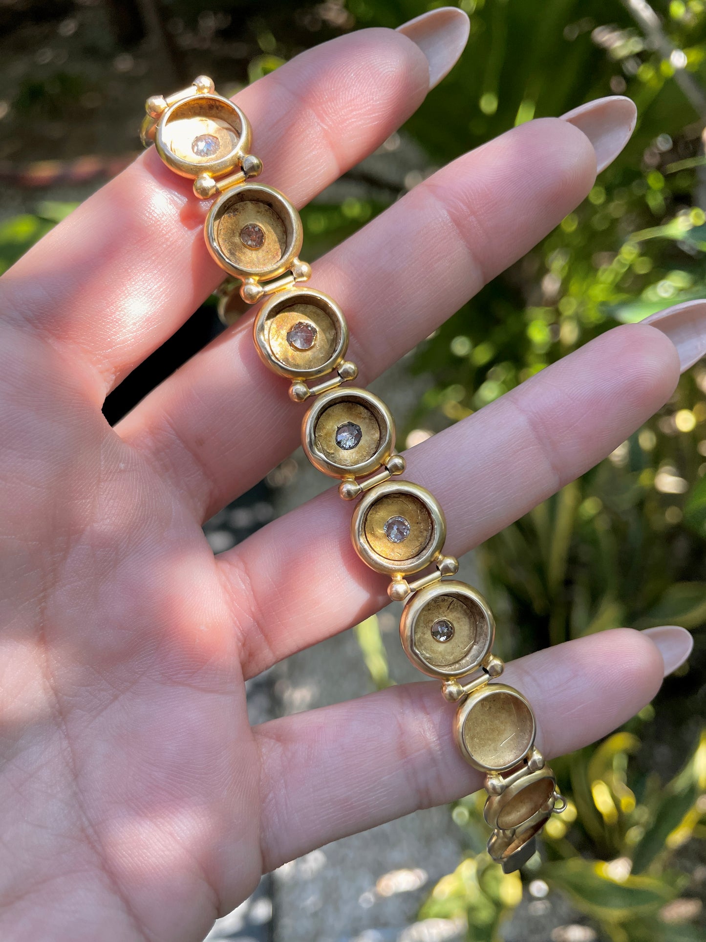 Antique yellow 10K Victorian approx 1.6 ctw old mine cut diamond starburst bracelet, 7 and 7/8 inch