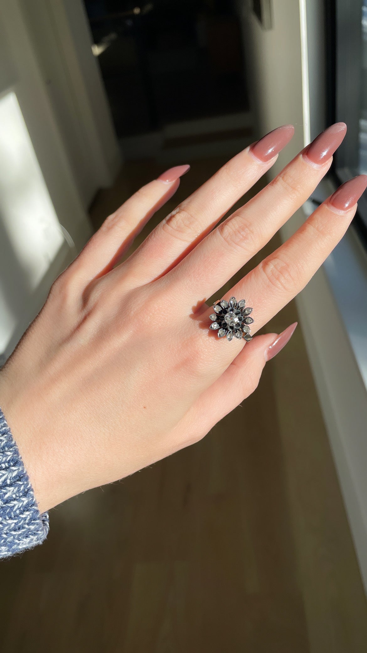 Antique silver and 14K gold approx 1.02 ctw old mine cut and rose cut diamond flower ring, size 8.5