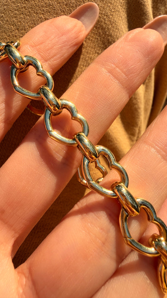 Yellow 18K Aaron Basha heart link charm bracelet, 7.25 inch