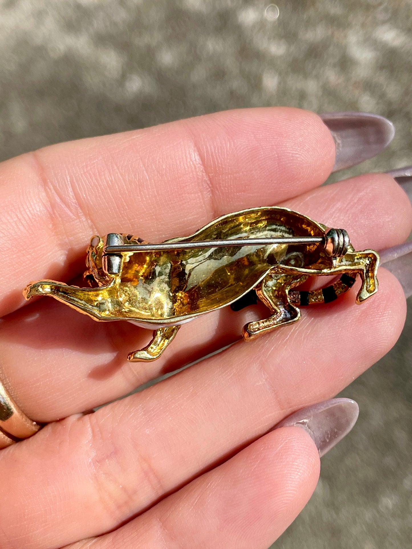 Vintage yellow 18K gold Tiger enamel pin, 1 and 7/8 inch