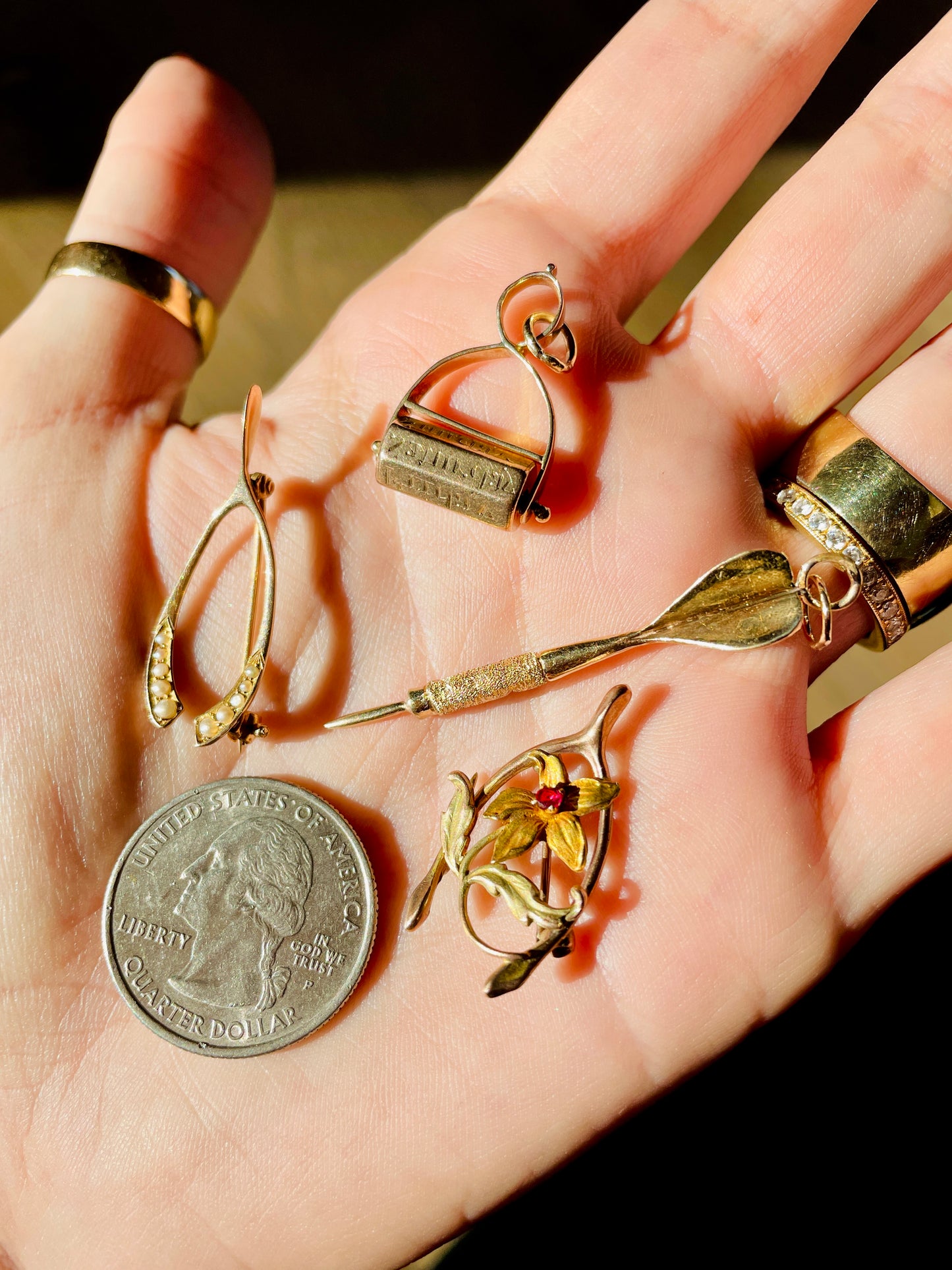 Vintage rose, yellow and green 10K gold wishbone pin with flower and charm hook