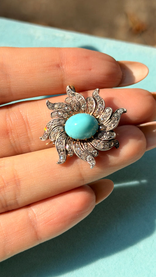 Antique turquoise cabochon and over 1 ctw old cut diamond floral starburst pendant/pin