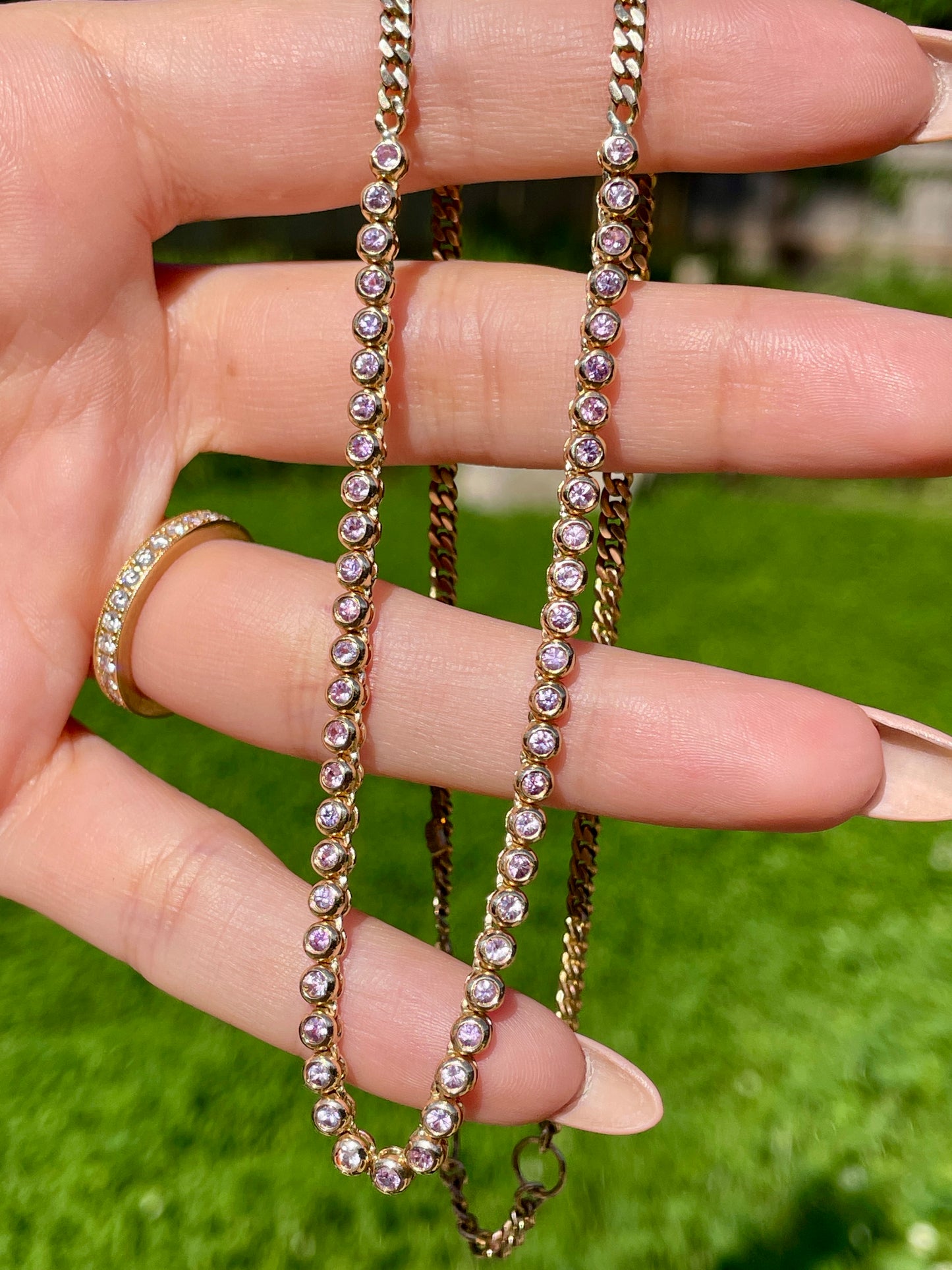 Original 3GOG yellow 14K gold approx 2 ctw purple sapphire bubble watch chain necklace, 19 inch long with 18 inch clasping option