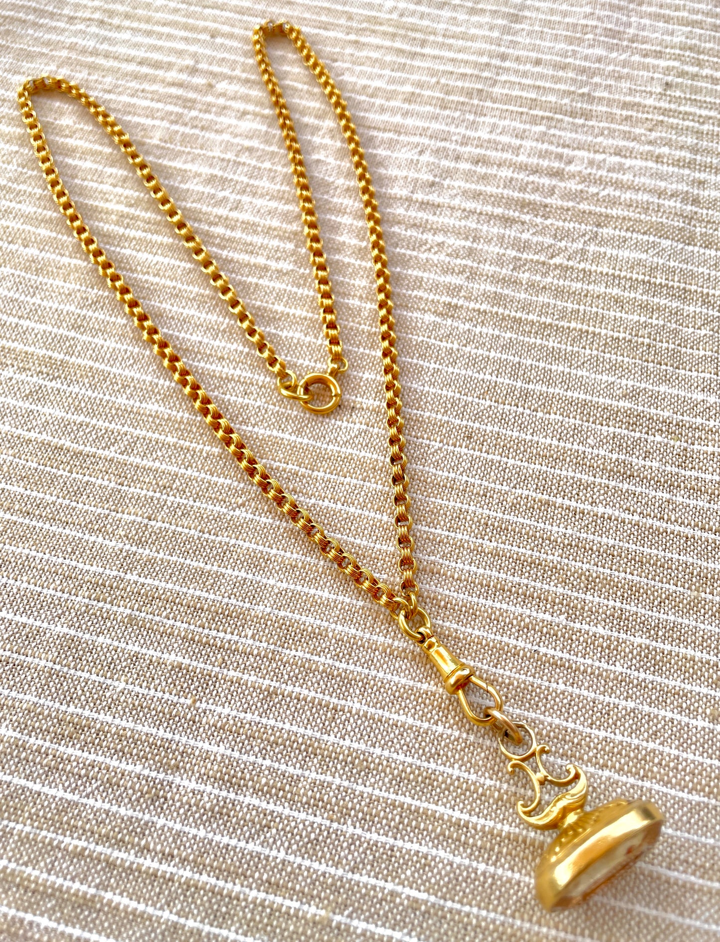 Antique yellow 18K double rolo link watch chain with dog clip and bolt clasp, 23.5 inch