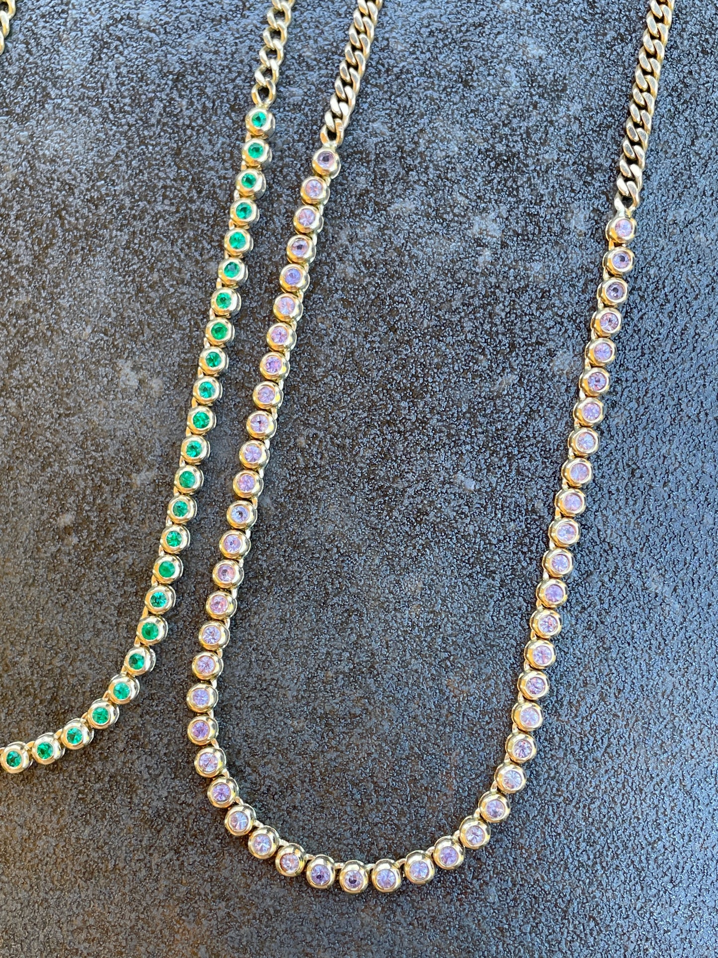 Original 3GOG yellow 14K gold approx 2 ctw purple sapphire bubble watch chain necklace, 19 inch long with 18 inch clasping option