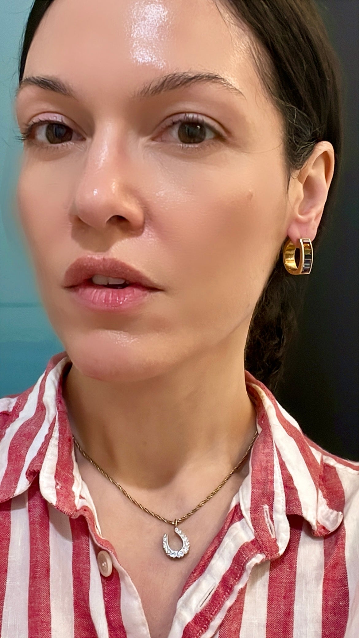 Vintage yellow 18K rainbow baguette gemstone hoop earrings, .75 inch long