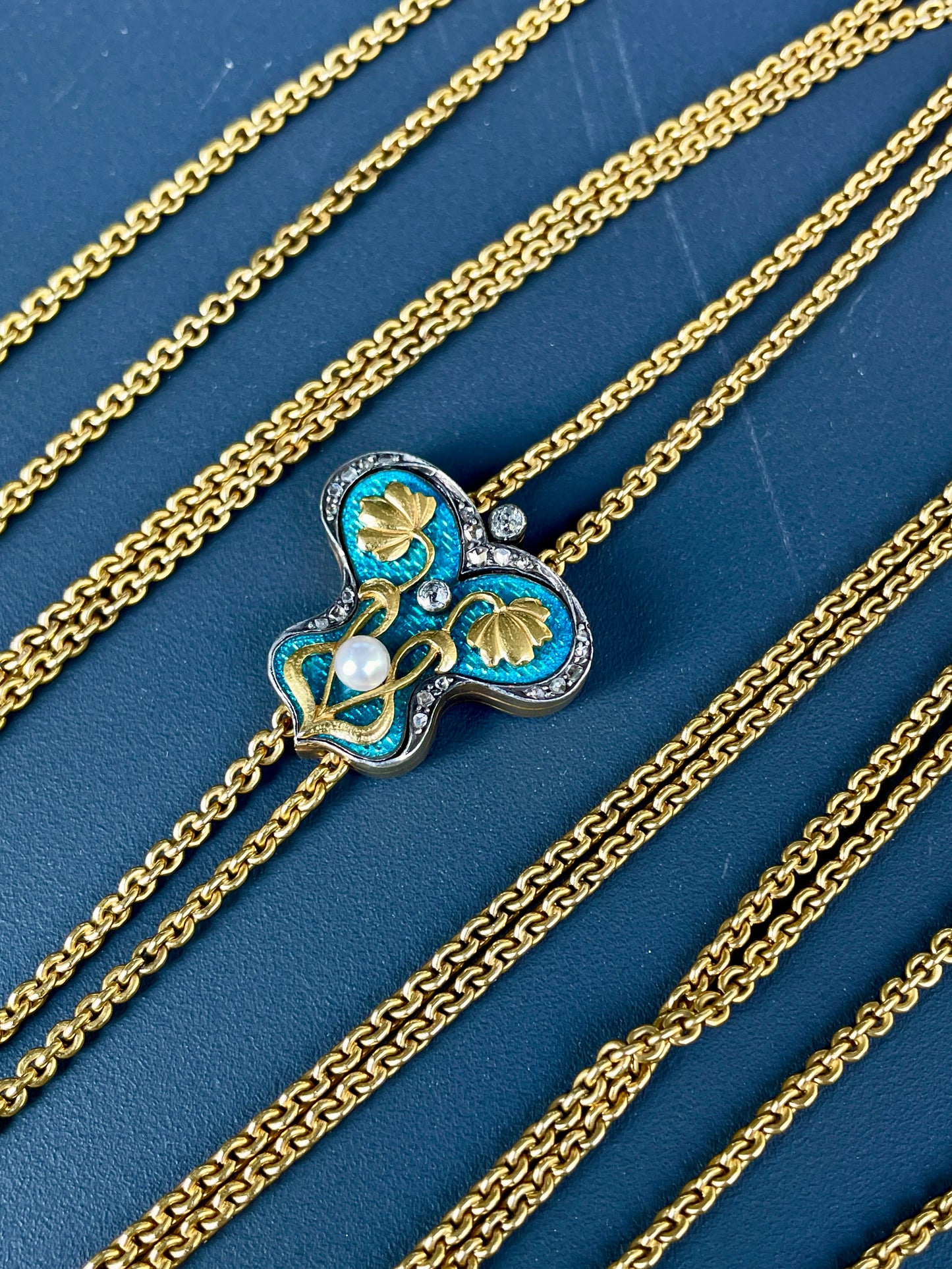 Antique 22K Art Nouveau longguard chain with 14K blue enamel butterfly slider with old mine cut diamonds, rose cut diamonds and pearl, with dog clip and bolt, 72 inch