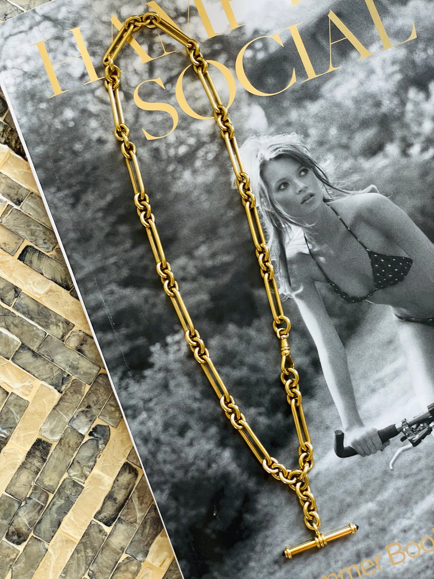 Antique yellow 18K solid trombone link watch chain with sapphire T bar, 19 inch