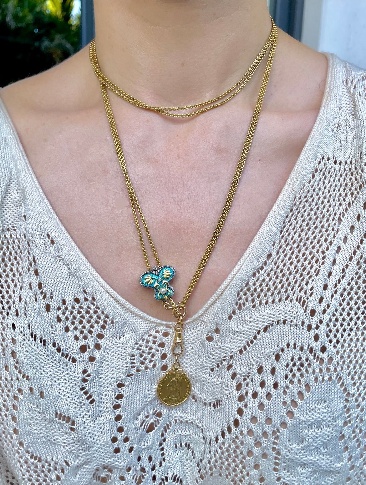 Antique 22K Art Nouveau longguard chain with 14K blue enamel butterfly slider with old mine cut diamonds, rose cut diamonds and pearl, with dog clip and bolt, 72 inch