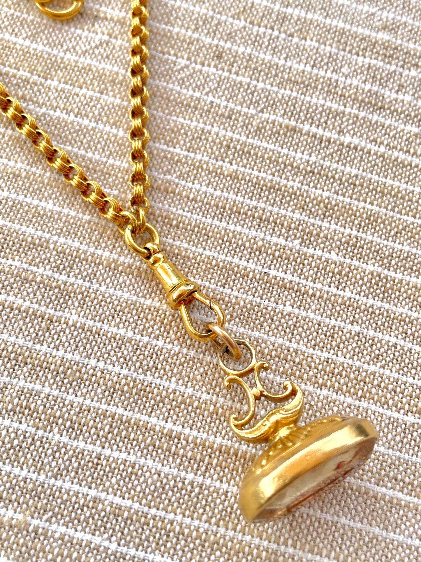 Antique yellow 18K double rolo link watch chain with dog clip and bolt clasp, 23.5 inch