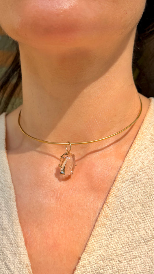 Vintage yellow 14K rutilated quartz cabochon pendant