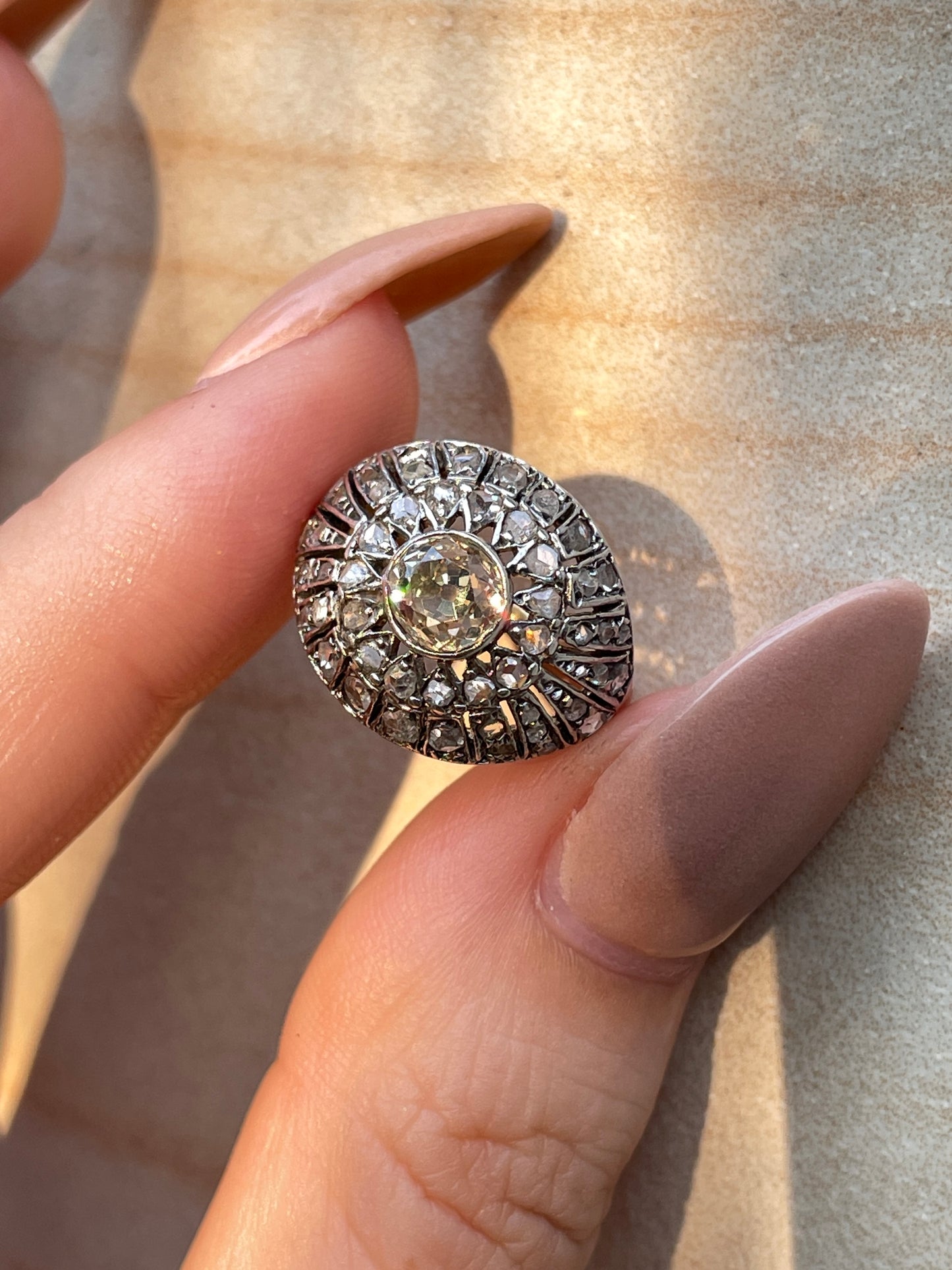 Antique platinum and 18K gold approx 1.35ctw old mine cut and rose cut diamond ring, size 5.25-5.5