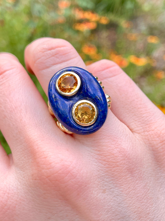 Vintage 14K Carved Lapis and approx 1.6 ctw Citrine Mariner Link Statement Ring, size 6.25
