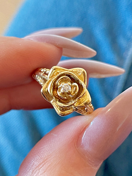 Vintage yellow 14K gold diamond rose ring, size 5