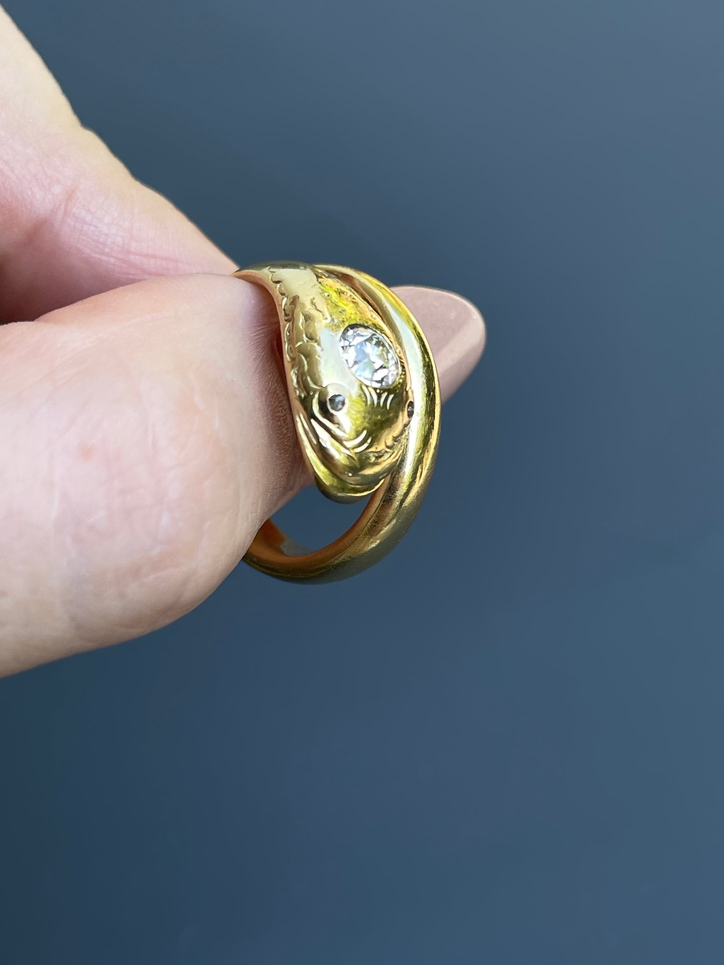 Antique yellow 18K happy face snake ring with approx .27 ctw old European cut diamond and rose cut diamond eyes, size 6.75-7