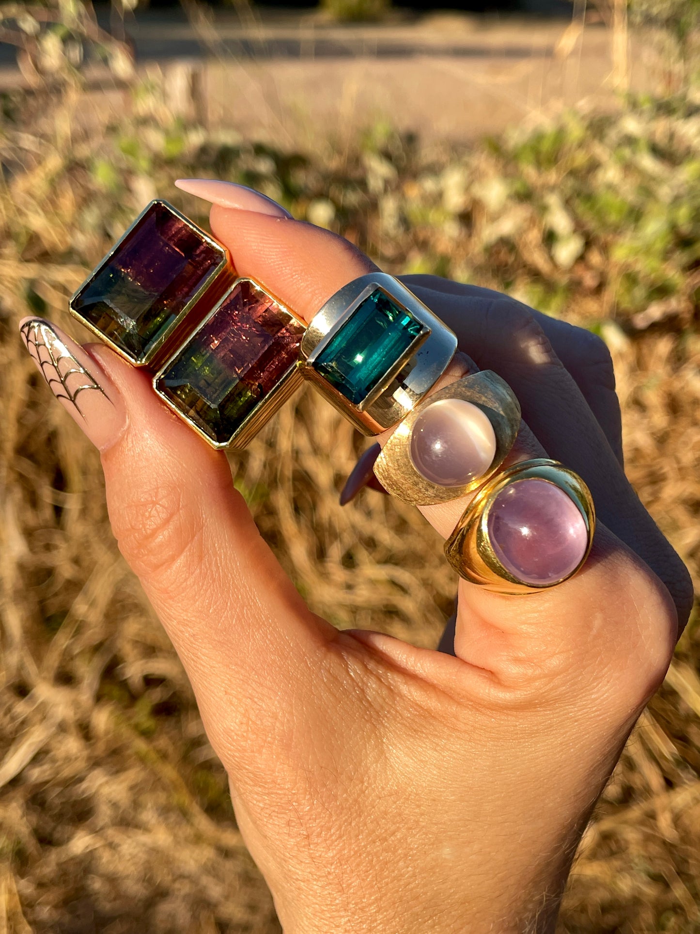 Vintage yellow 14K channel set green tourmaline approx 9.6 ctw statement ring, size 6.75