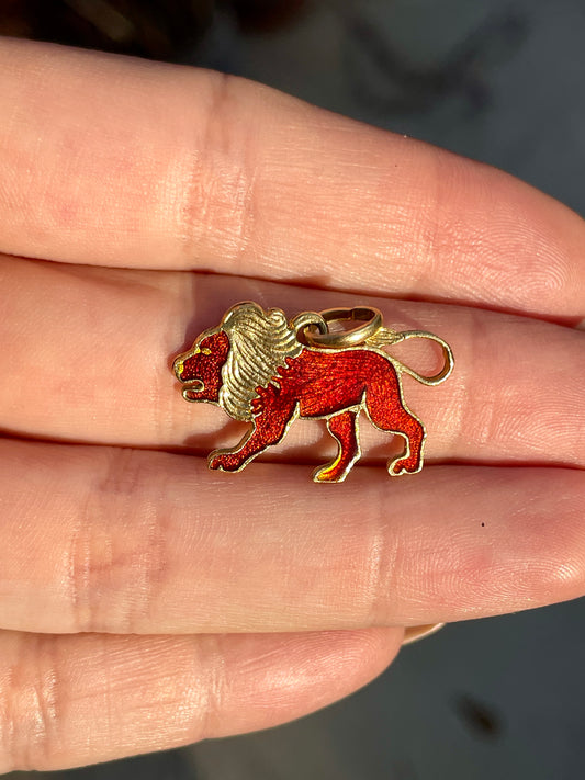 Vintage yellow 18K red enamel lion pendant