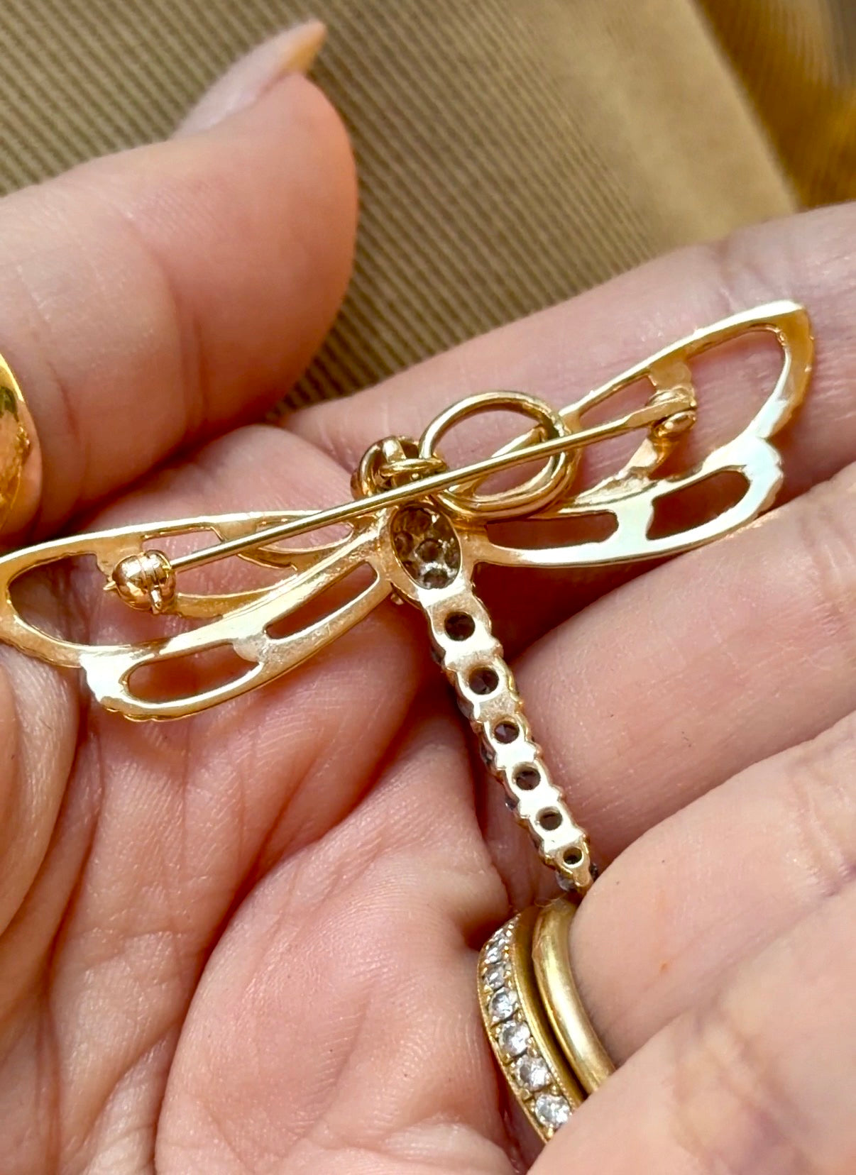 Vintage yellow 14K approx .35 ctw sapphire, ruby and .11 ctw diamond dragonfly pendant and pin