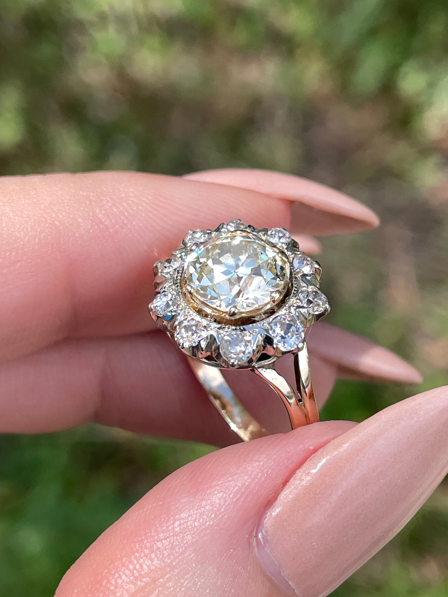 Antique 14K and 18K approx 2.05 ctw Old European cut light yellow and diamond halo ring, size 6.75