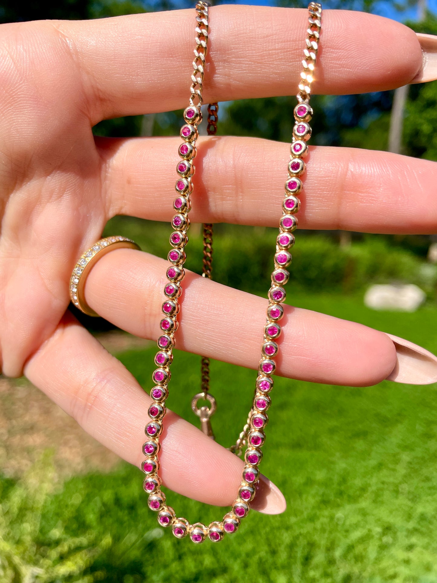 Original 3GOG yellow 14K gold approx 2 ctw pink sapphire bubble watch chain necklace, 18 inch long with 16.75 inch clasping option