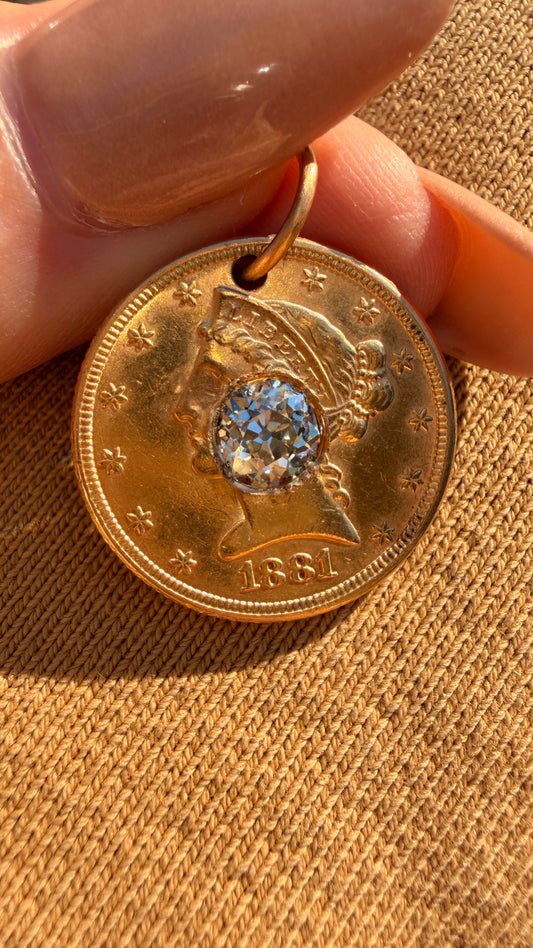 Antique yellow 21K gold 1881 $5 US Liberty coin with approx 1.1 ctw old mine cut diamond pendant