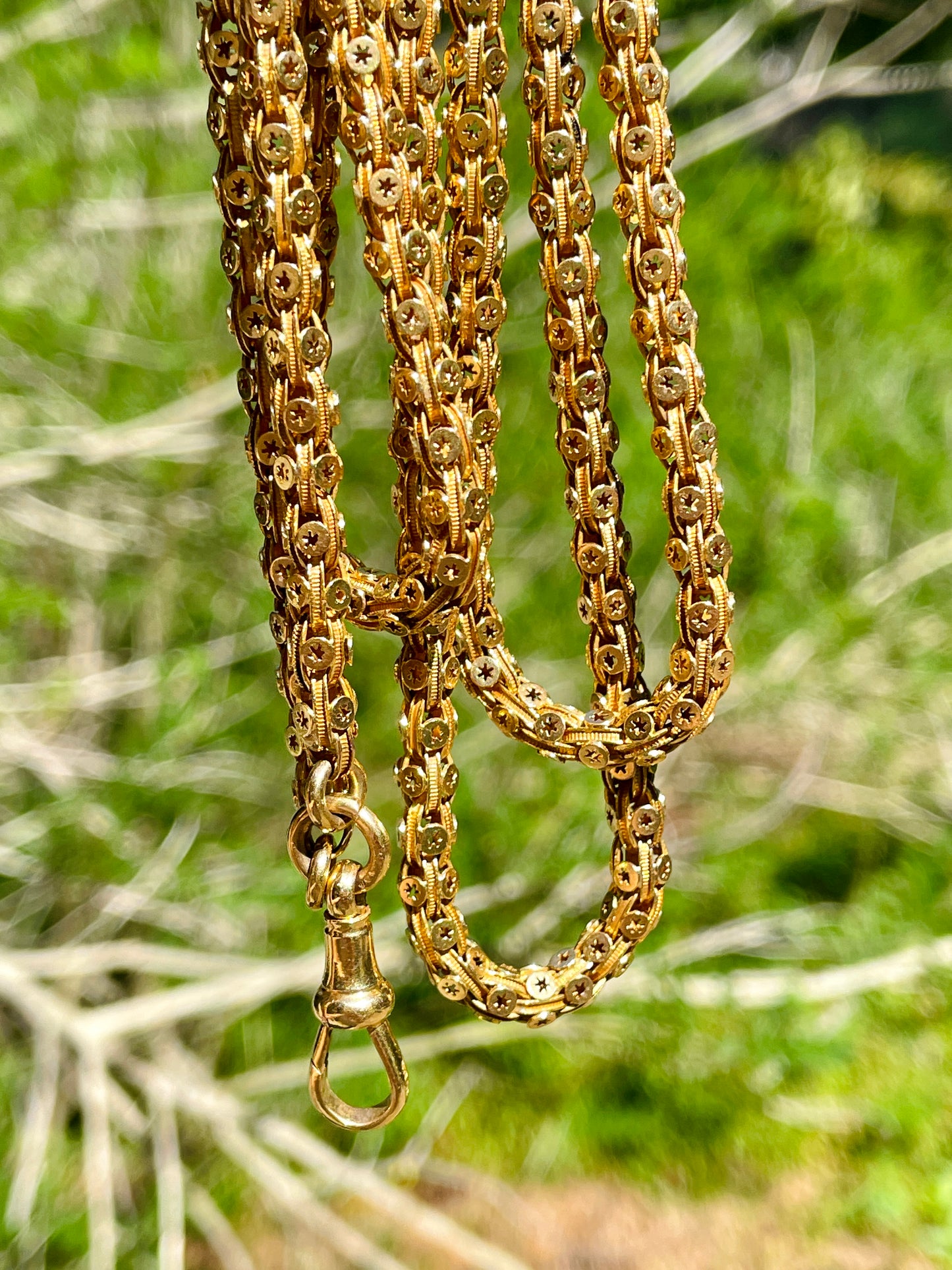 Rare Antique yellow 18K gold star cut longguard chain, 74.5 inch