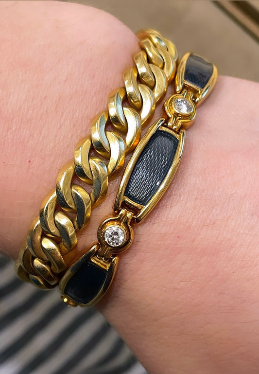 Vintage yellow 18K approx 1.5 ctw diamond and blue enamel link bracelet, 6.75 inch