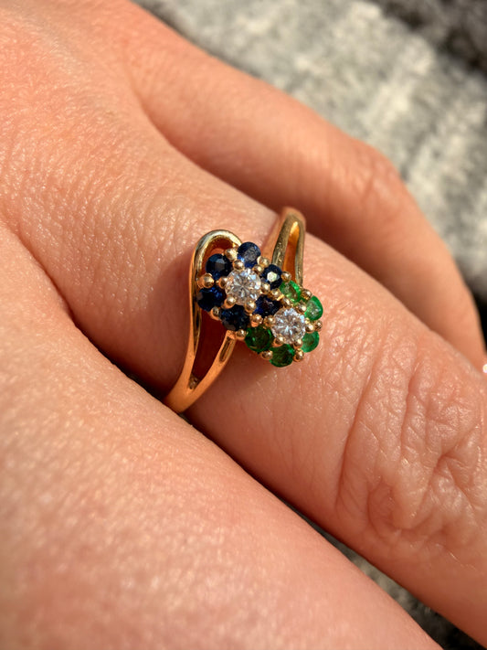 Vintage yellow 14K sapphire and emerald and diamond floral ring, size 6.5