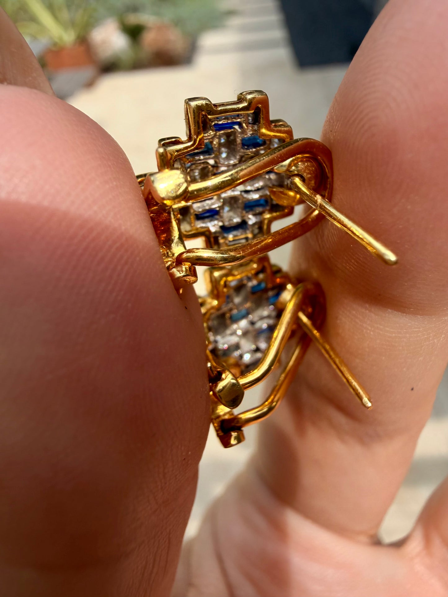 Vintage 18K sapphire and diamond checkerboard convertible omega back earrings
