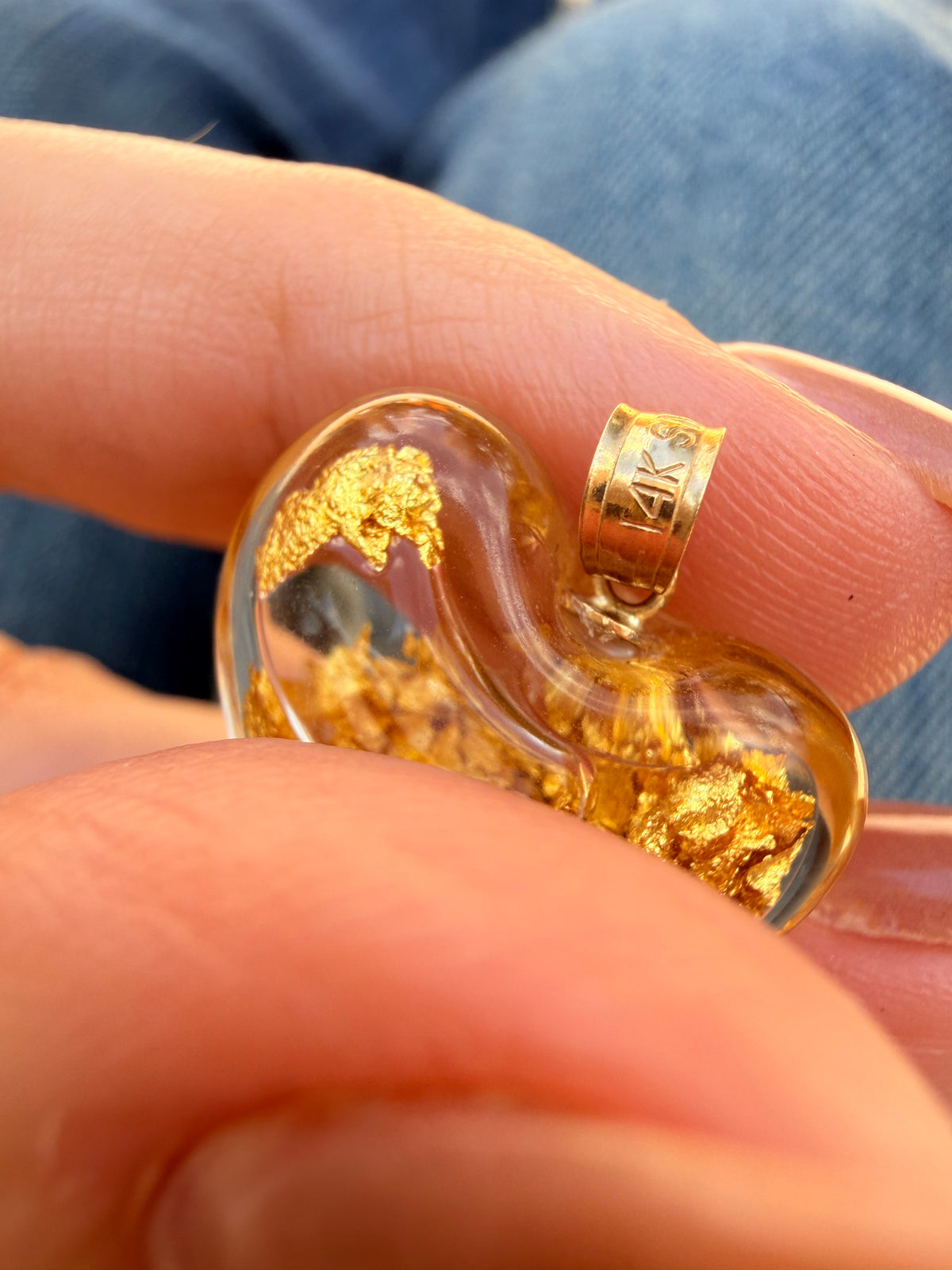 Vintage 14K pure gold flakes in oil heart pendant