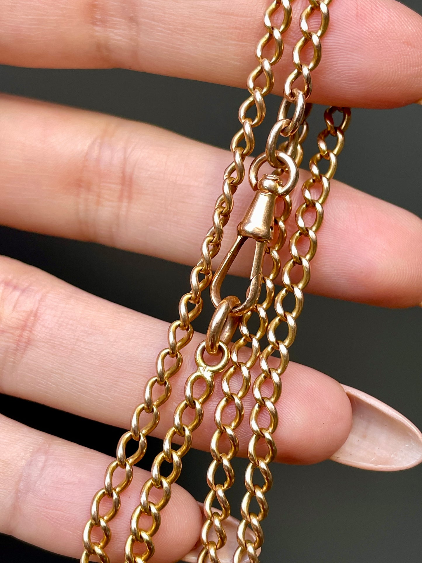 Antique rosy yellow 18K round link curb watch chain with dog clip, 20 inch
