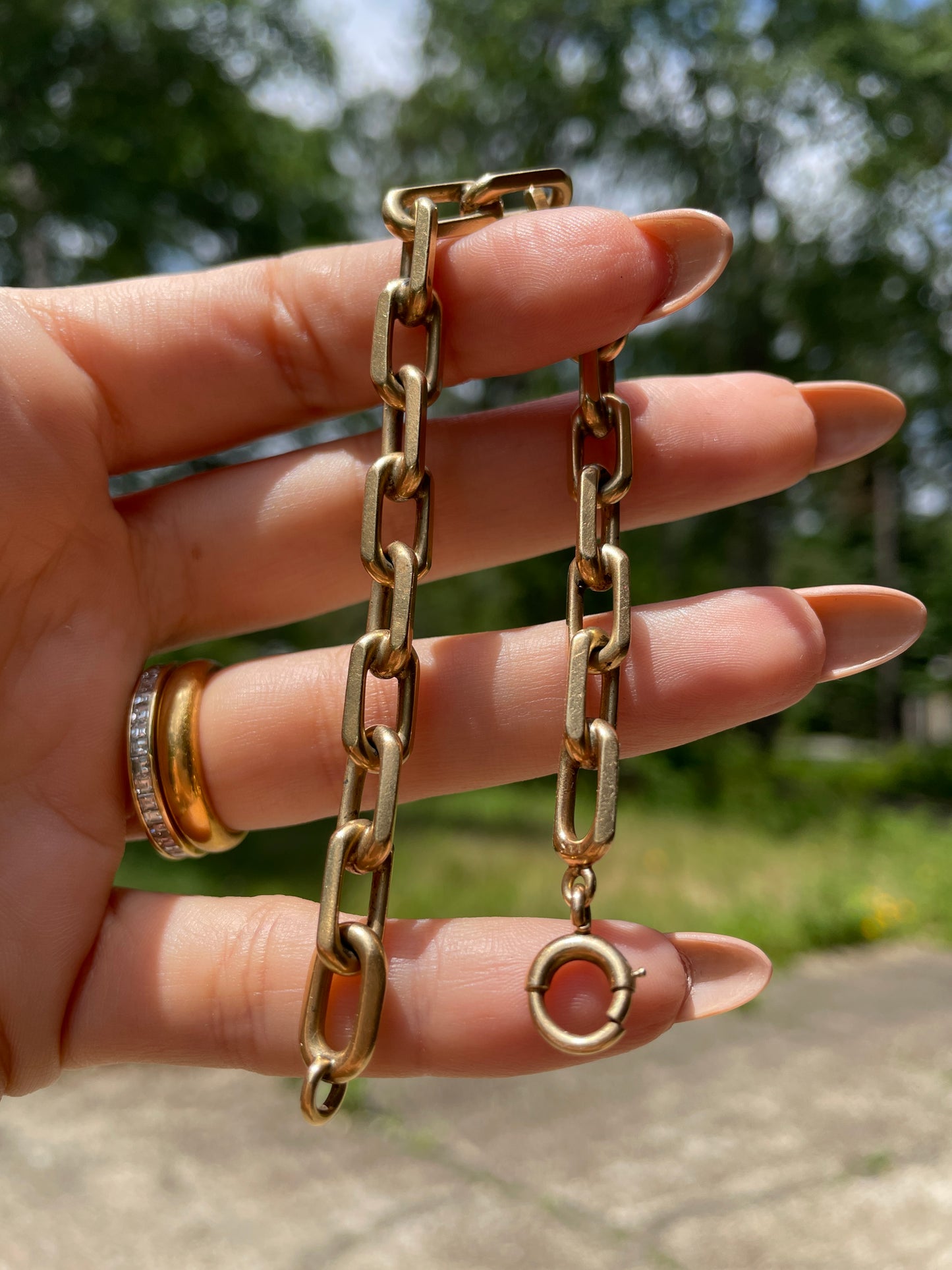 Vintage yellow 14K solid biker link bracelet, 7.5 inch and sizable