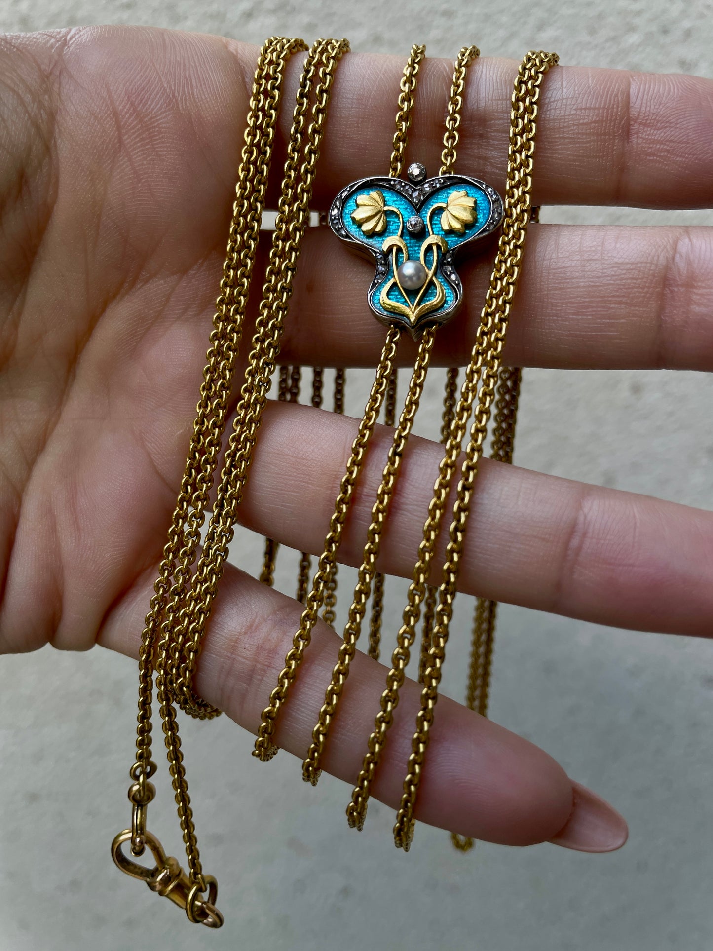 Antique 22K Art Nouveau longguard chain with 14K blue enamel butterfly slider with old mine cut diamonds, rose cut diamonds and pearl, with dog clip and bolt, 72 inch