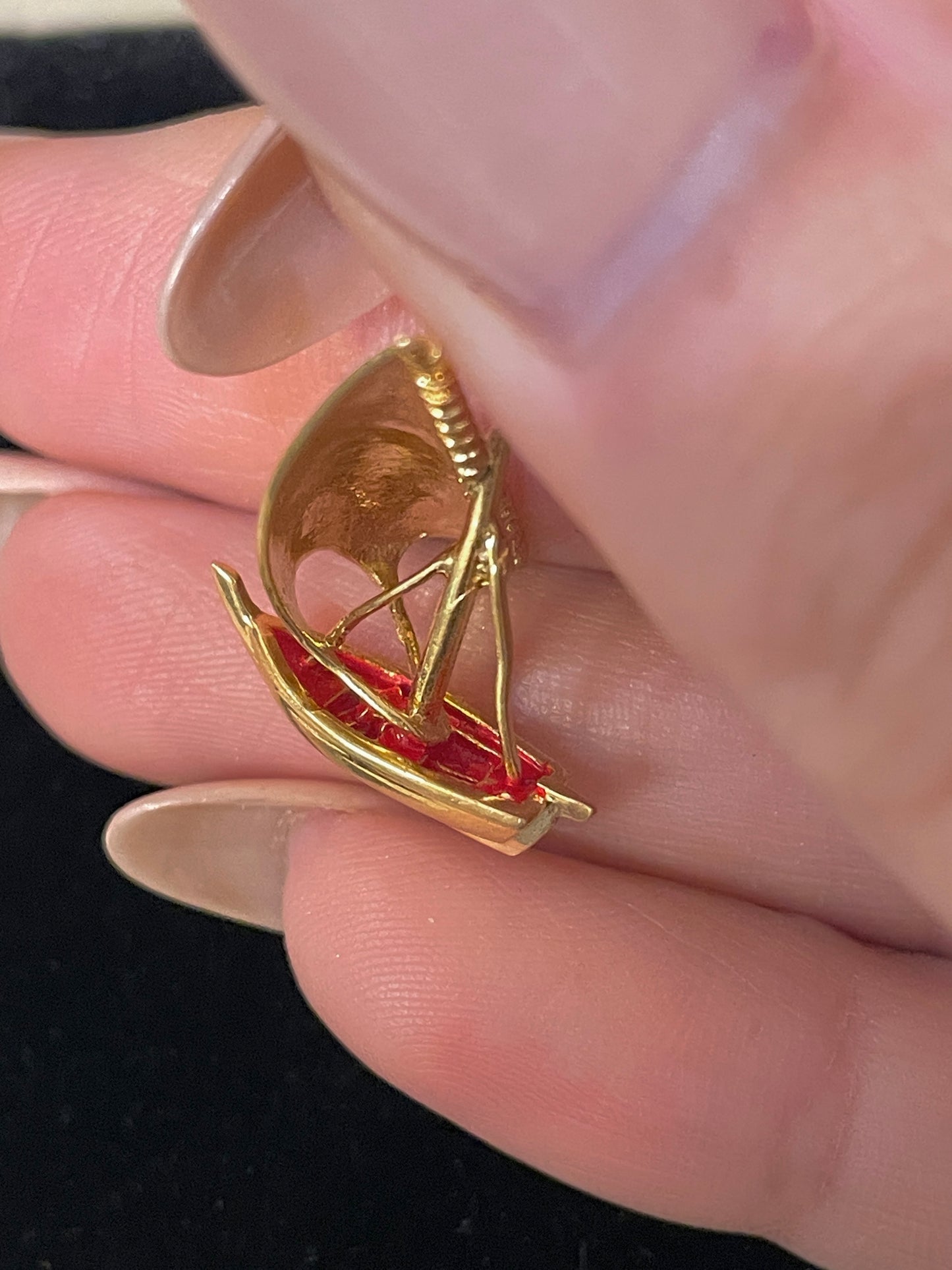 Vintage yellow 14K 3D sailboat with red enamel charm