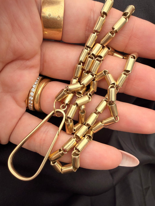 Vintage yellow 14K cylindrical link watch chain with large clip clasp, 18 and 7/8 inch