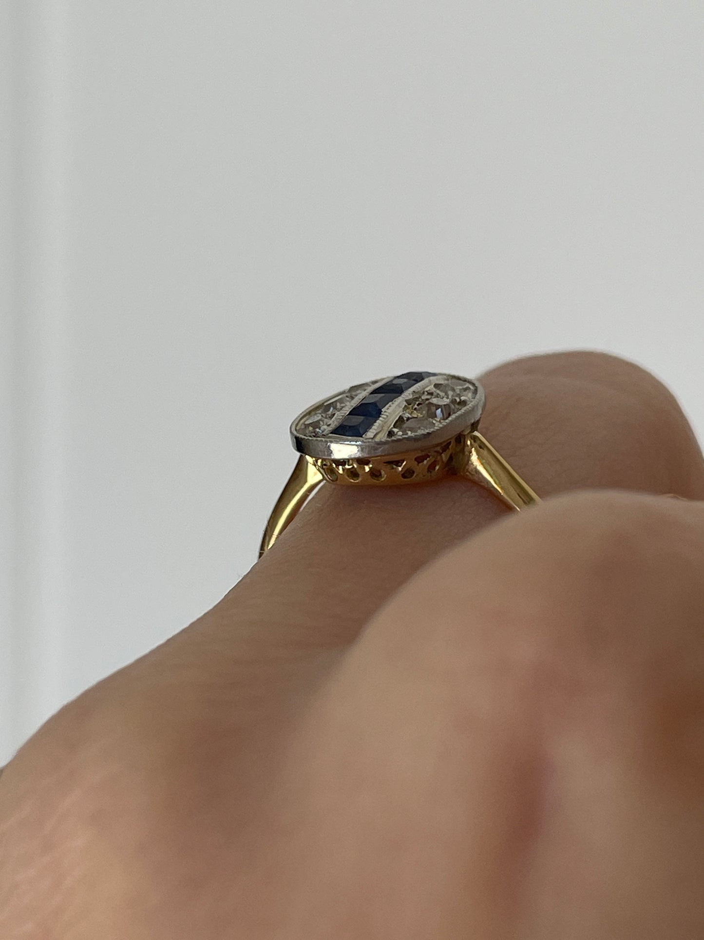 Antique yellow 14K and 18K approx .18 ctw old mine cut diamond and .2 ctw natural sapphire ring, size 6