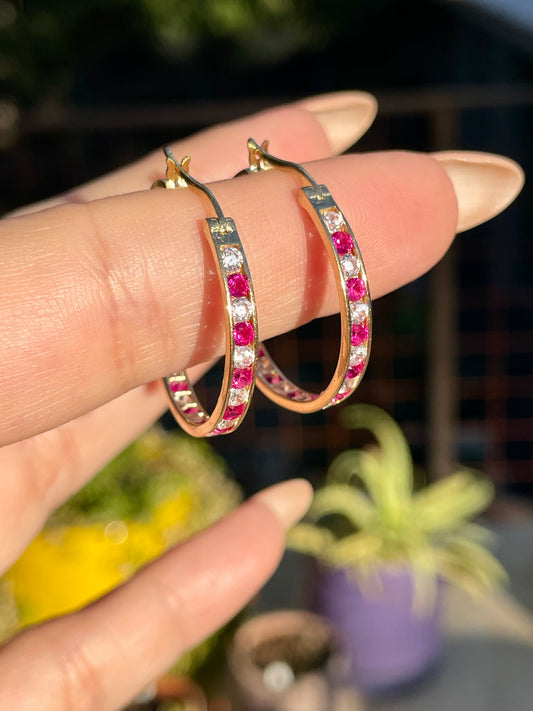 Vintage yellow 14K hoops with synthetic stones