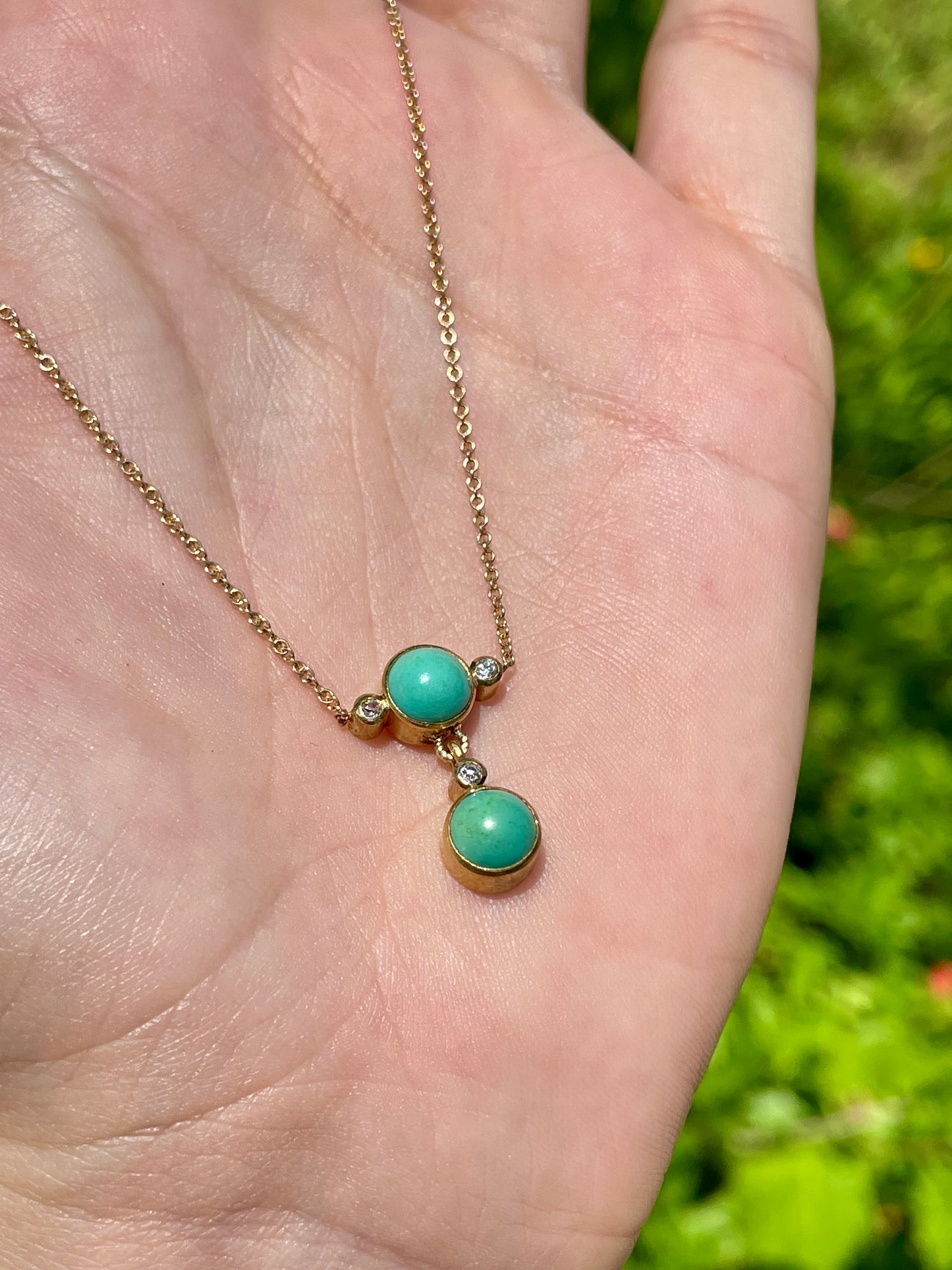 Vintage yellow 14K approx .054 diamond and turquoise bezel set drop necklace, 17.25 inch