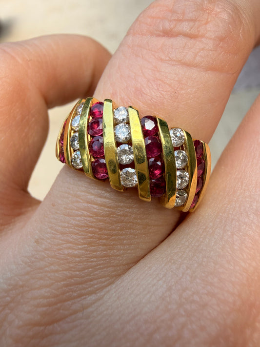 Vintage yellow 14K approx .64ctw ruby and .36ctw diamond wide band, size 6