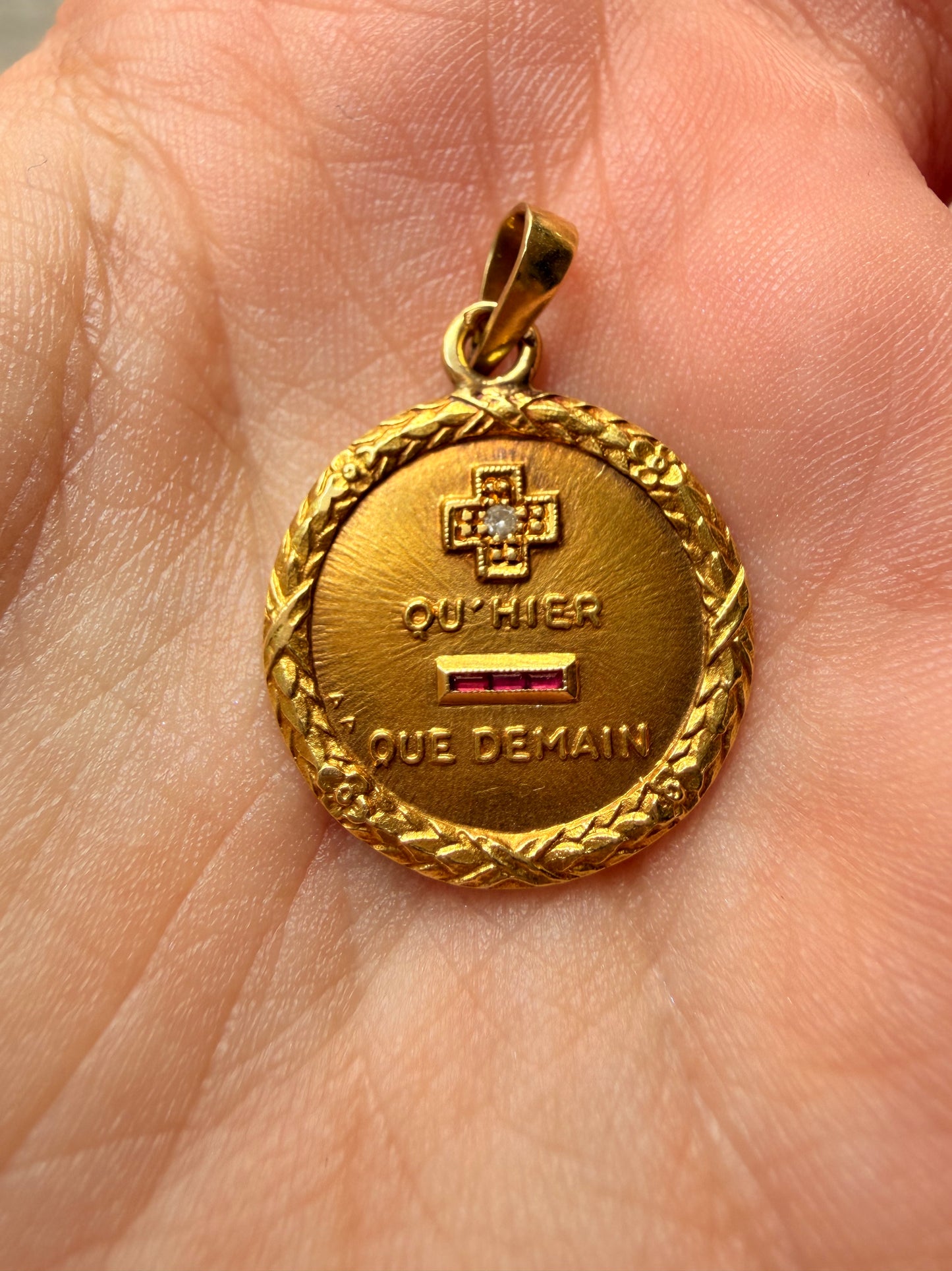 Vintage yellow 18K gold Augis 'Qu'hier Que Demain' love token with diamond and ruby pendant