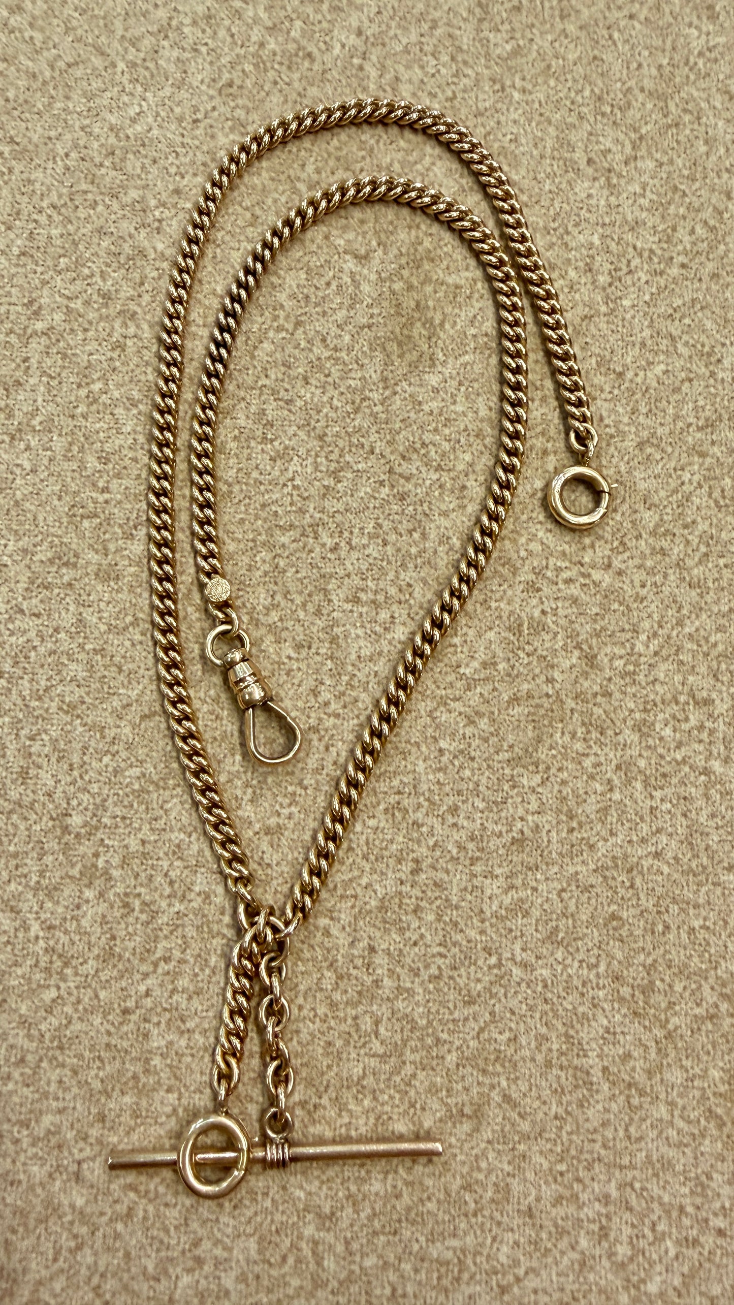 Antique yellow 14K round curb watch chain, 19 and 5/8 inch with 1.5 inch bolt dangle