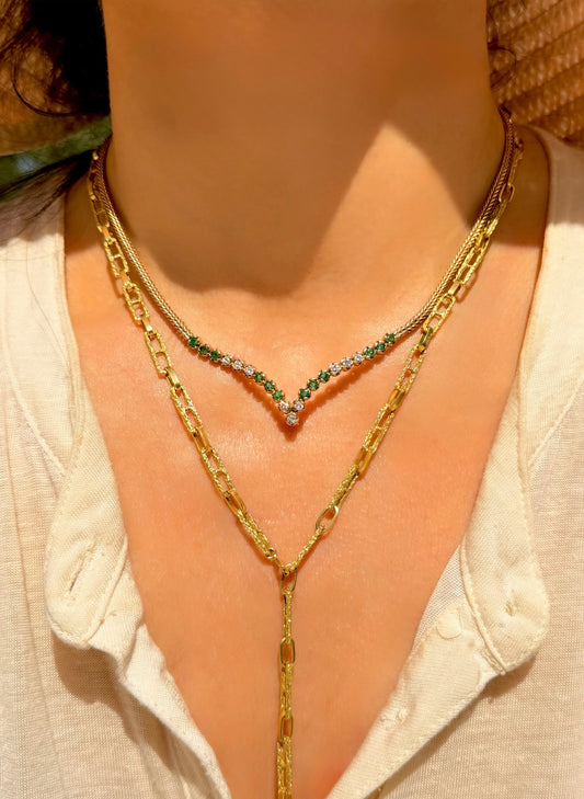 Vintage yellow 14K emerald and diamond chevron woven chain, 16 inch