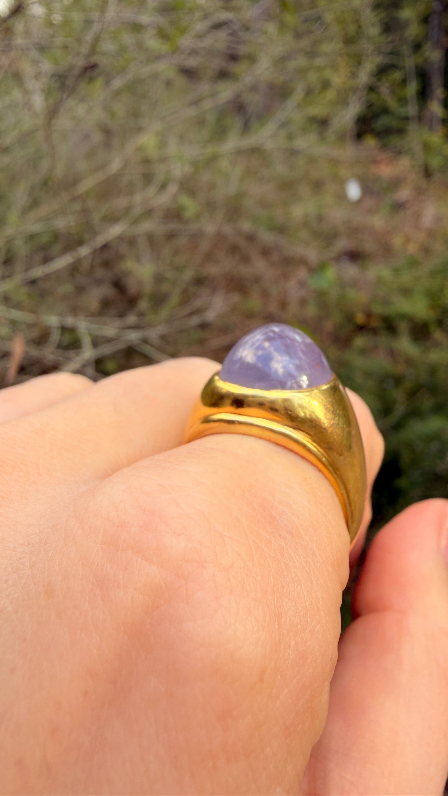 Vintage yellow 18K natural unheated 19.3 ctw purple pink sapphire cabochon ring, size 8.5 sizable