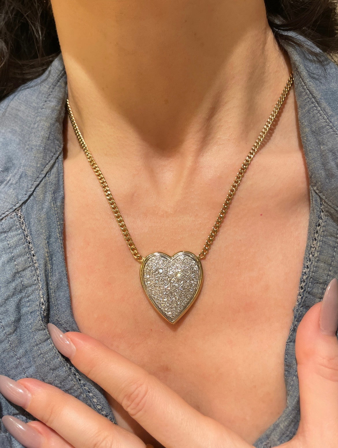 Yellow 14K gold approx 1.2 ctw diamond heart curb chain, 19.25 inch