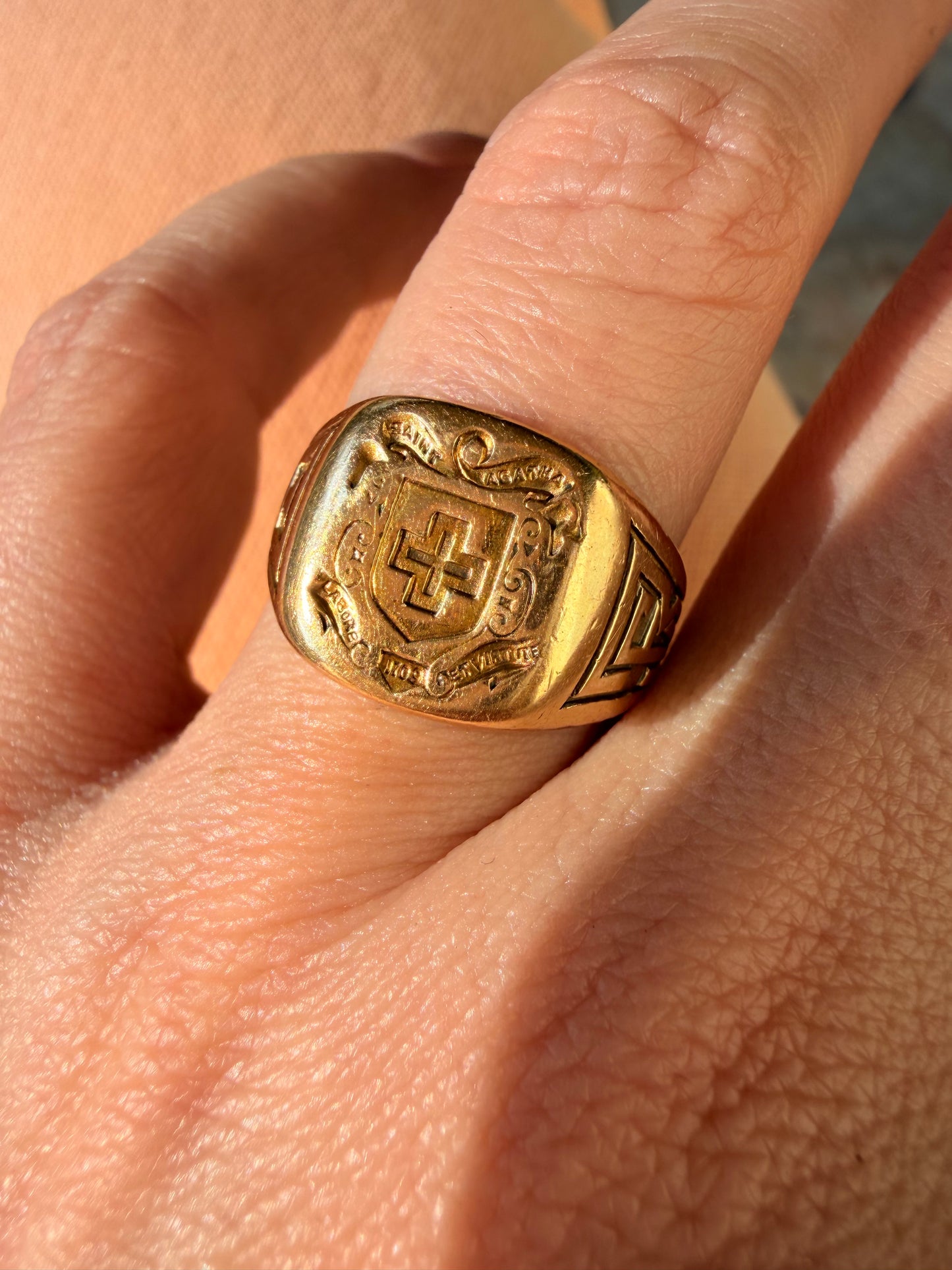 Vintage yellow 14K gold Tiffany & Co Maltese Cross and Shield Saint Agatha signet ring, size 6.75